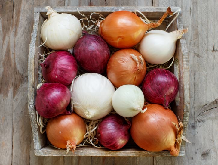Mixed Onions In Wooden Box