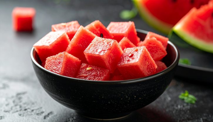 Cubed Red Watermelon In Bowl
